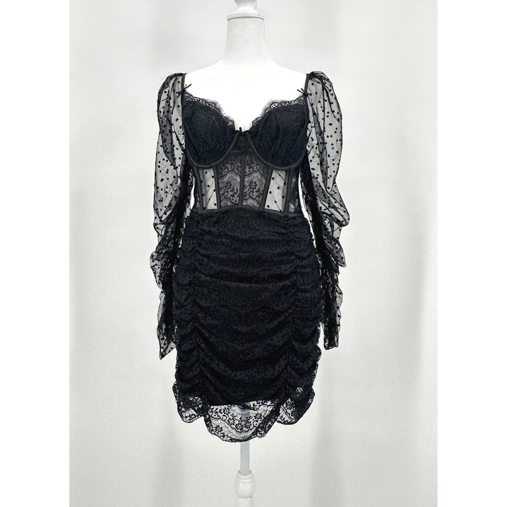 For Love & Lemons Black Lace Polka Dot Corset Sheer Ruched Mini Dress Womens L - Picture 2 of 11